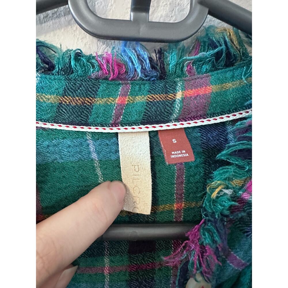 Anthropologie Pilcro Cropped Puff-Sleeve Soft Crinkle Green Plaid Blouse Small - Picture 5 of 8